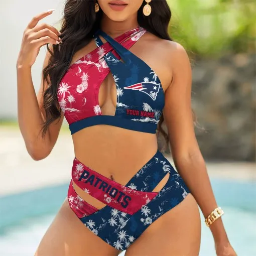 New England Patriots Womens 2Pcs Bikini Swimsuit Criss Cross Cutout Bathing Suit St1383