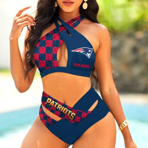 New England Patriots Womens 2Pcs Bikini Swimsuit Criss Cross Cutout Bathing Suit St5683