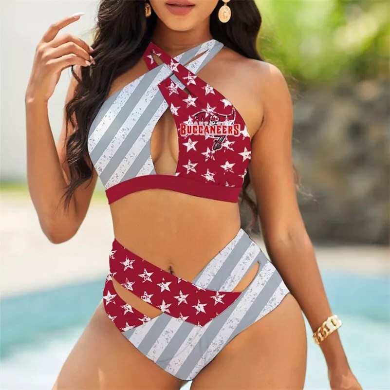 New England Patriots Womens 2Pcs Bikini Swimsuit Criss Cross Cutout Bathing Suit St6687