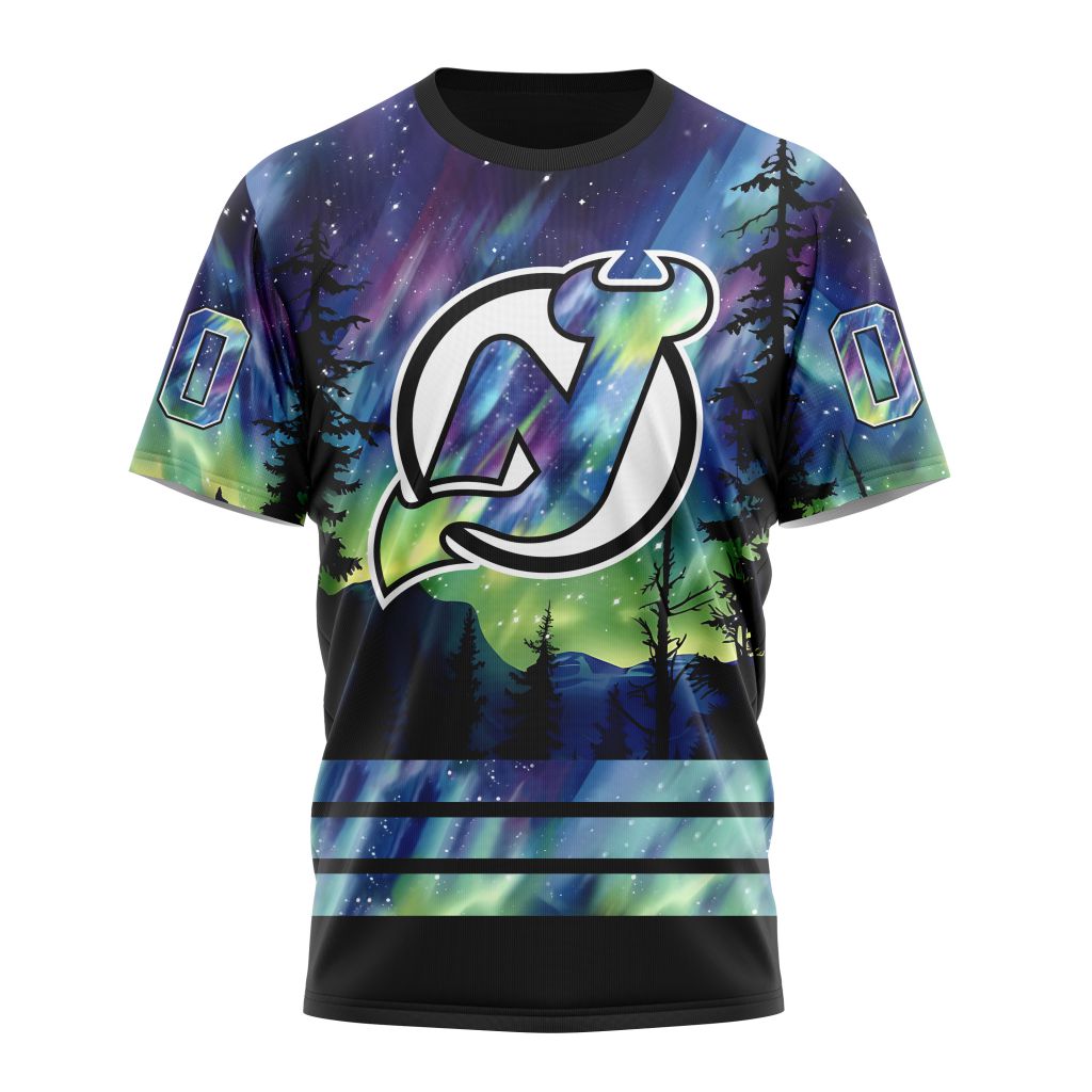 New Jersey Devils Special Design With Northern Lights 01 Personalized Name And Number T-Shirt Oregontrailrvpk Shirt