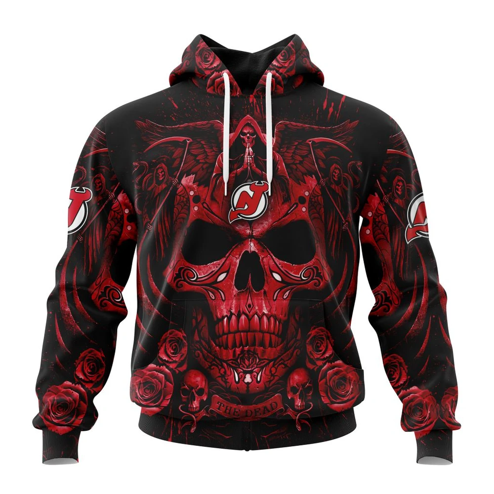 New Jersey Devils Special Design With Skull Art All Over Print Hoodie Style 53851
