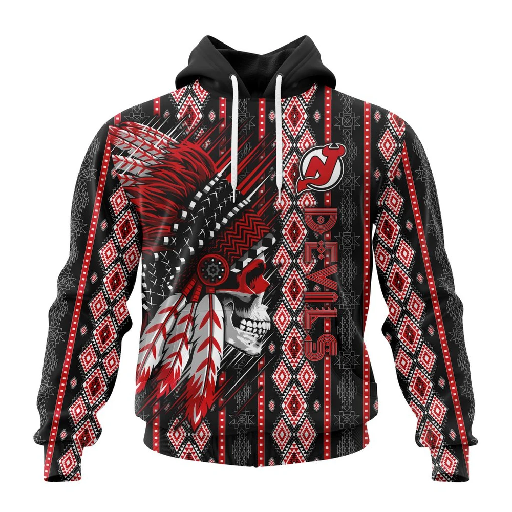 New Jersey Devils Special Skull Native Design All Over Print Hoodie Style 72369