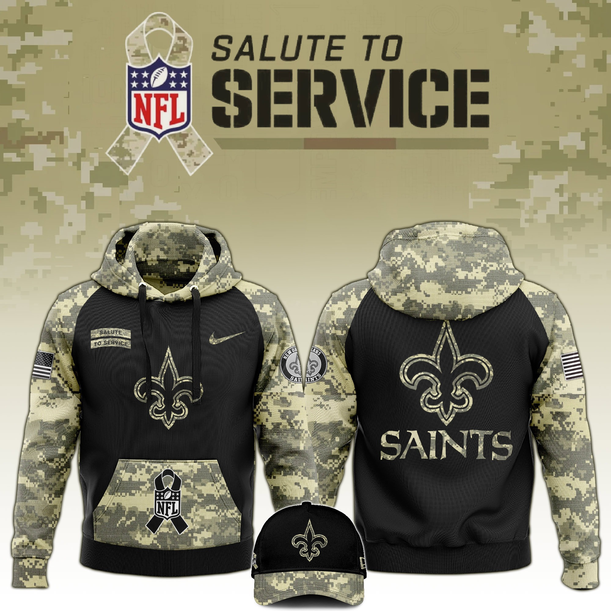 New Orleans Saints Salute to Service Club Limited Camo Hoodie And Hat Unique Saints Shirt