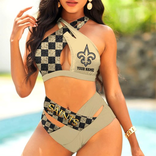 New Orleans Saints Womens 2Pcs Bikini Swimsuit Criss Cross Cutout Bathing Suit St2375
