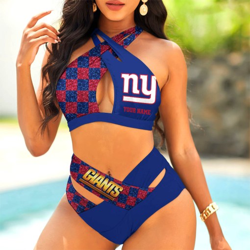 New York Giants Womens 2Pcs Bikini Swimsuit Criss Cross Cutout Bathing Suit St2304