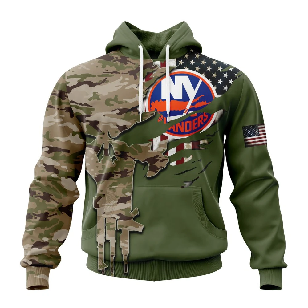 New York Islanders Special Camo Skull Design All Over Print Hoodie Style 72721