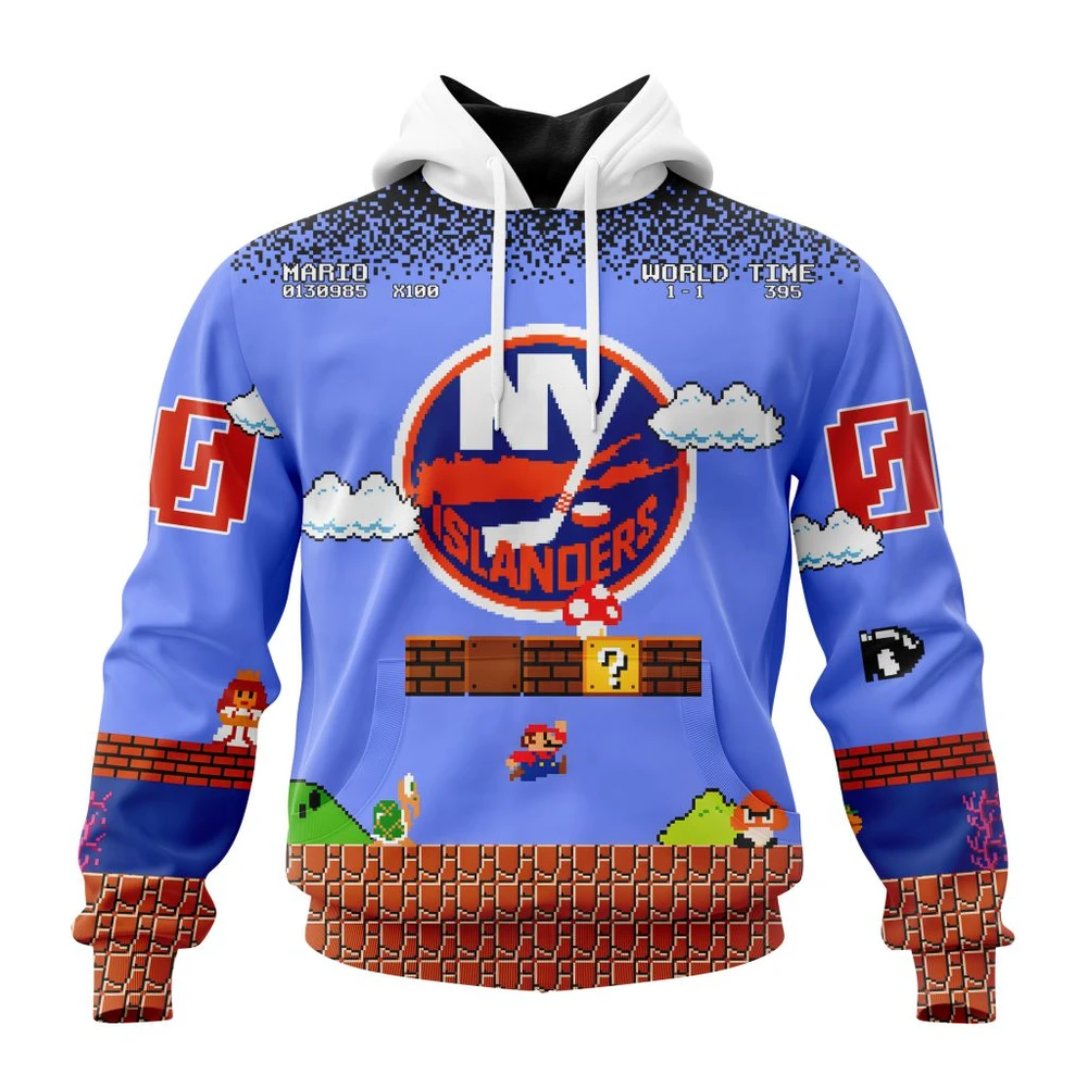 New York Islanders Special Kits With Super Mario Game Design All Over Print Hoodie Style 58702