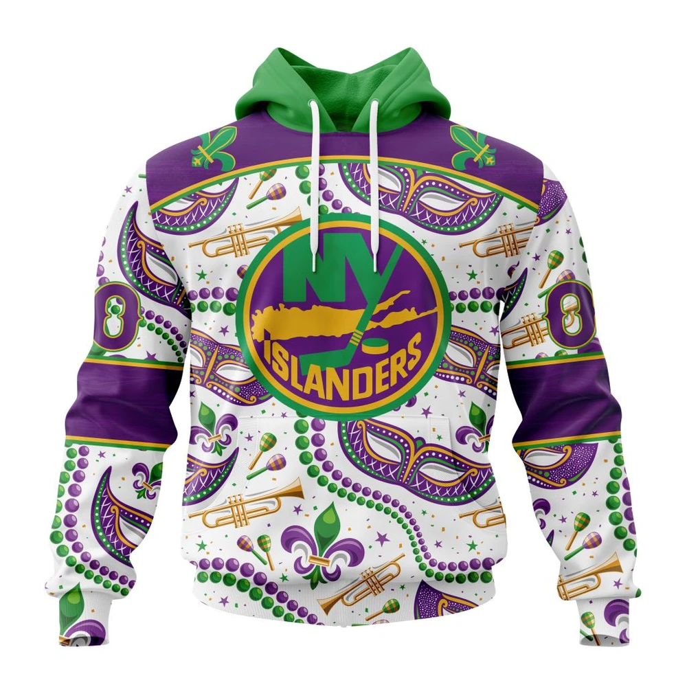 New York Islanders Special Mardi Gras Design All Over Print Hoodie Style 62327