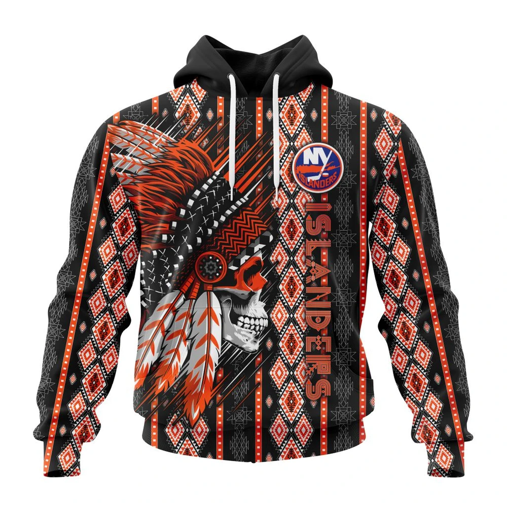 New York Islanders Special Skull Native Design All Over Print Hoodie Style 83323
