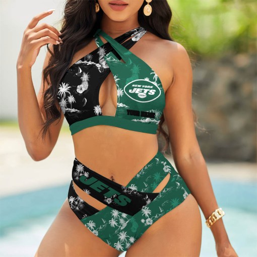 New York Jets Womens 2Pcs Bikini Swimsuit Criss Cross Cutout Bathing Suit St1236