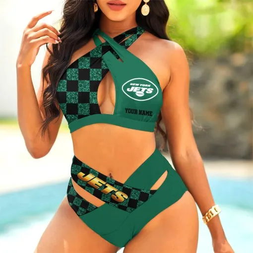 New York Jets Womens 2Pcs Bikini Swimsuit Criss Cross Cutout Bathing Suit St9973
