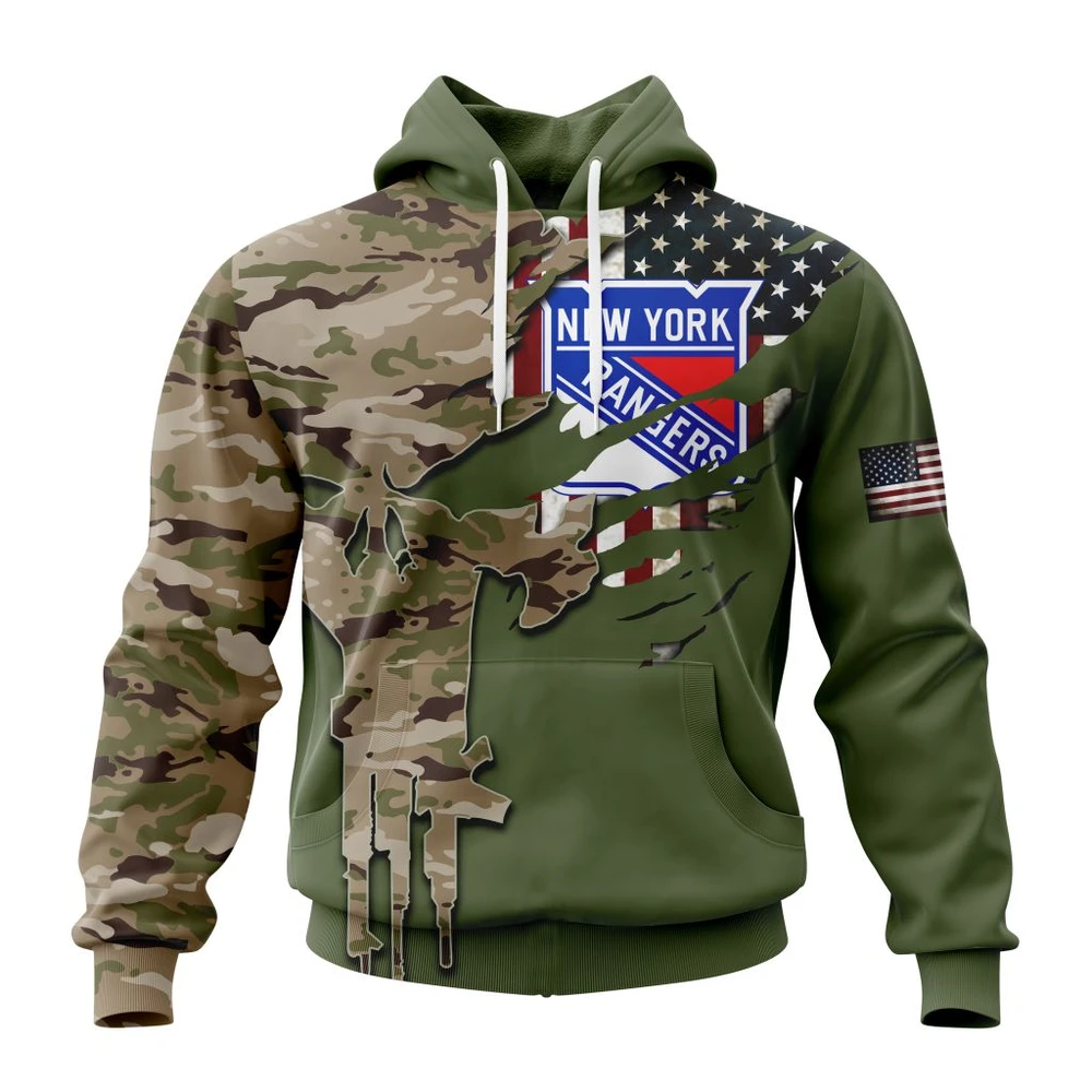New York Rangers Special Camo Skull Design All Over Print Hoodie Style 80075
