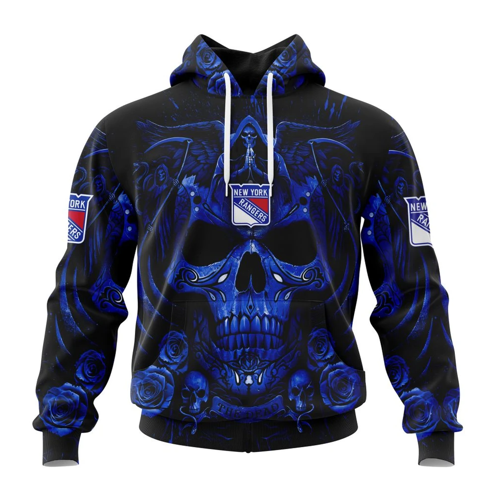 New York Rangers Special Design With Skull Art All Over Print Hoodie Style 17976