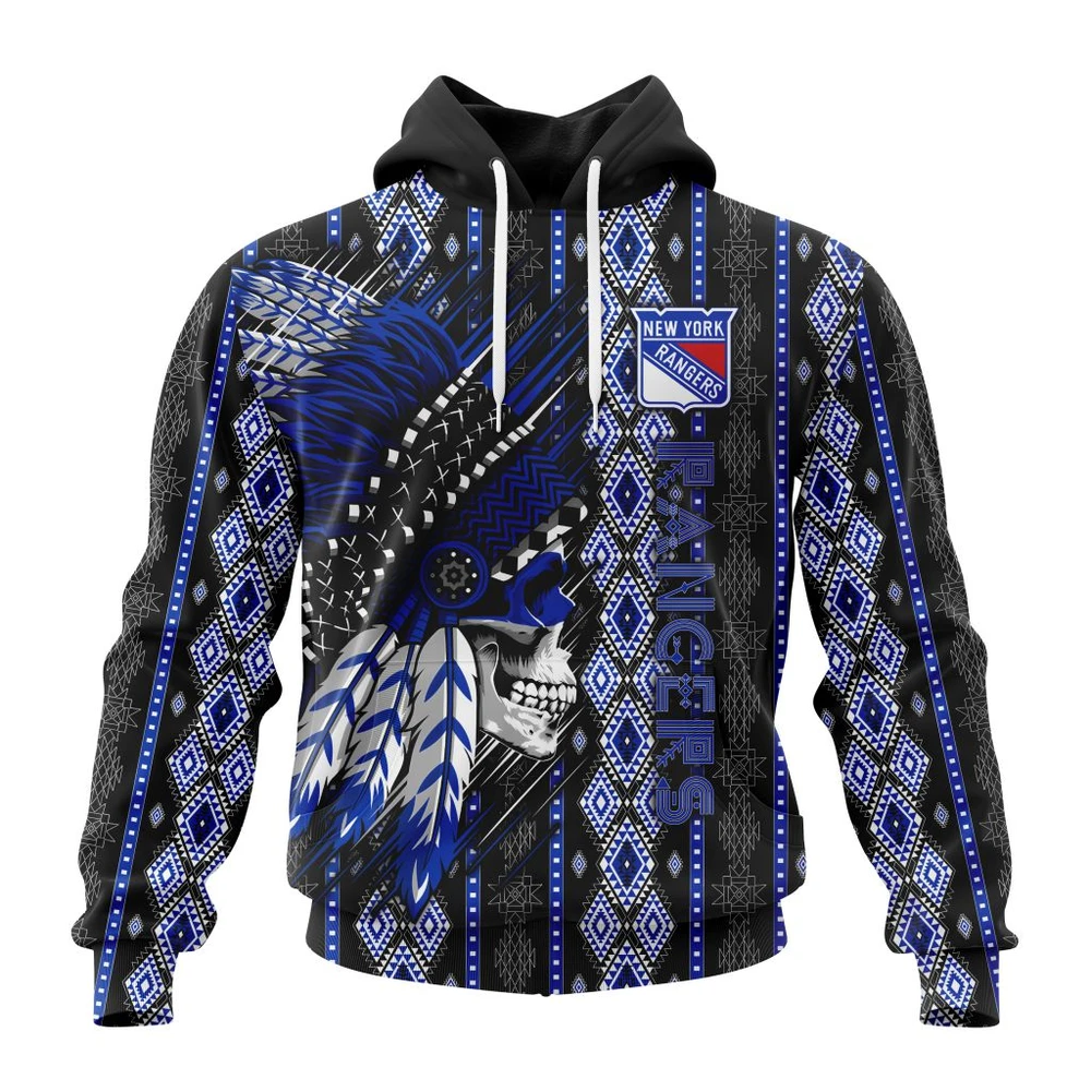 New York Rangers Special Skull Native Design All Over Print Hoodie Style 28365