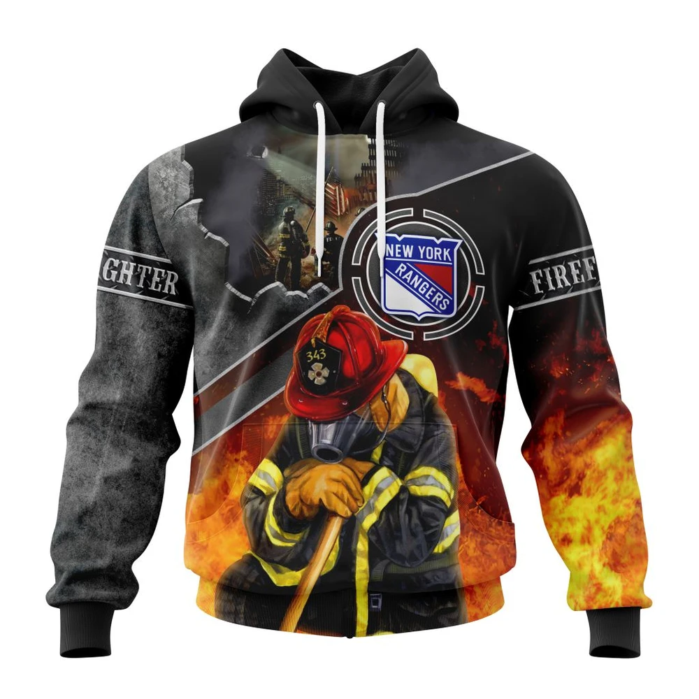 New York Rangers Specialized Kits To Honor Firefighter In Patriot Day We Will Never Forget All Over Print Hoodie Style 47343