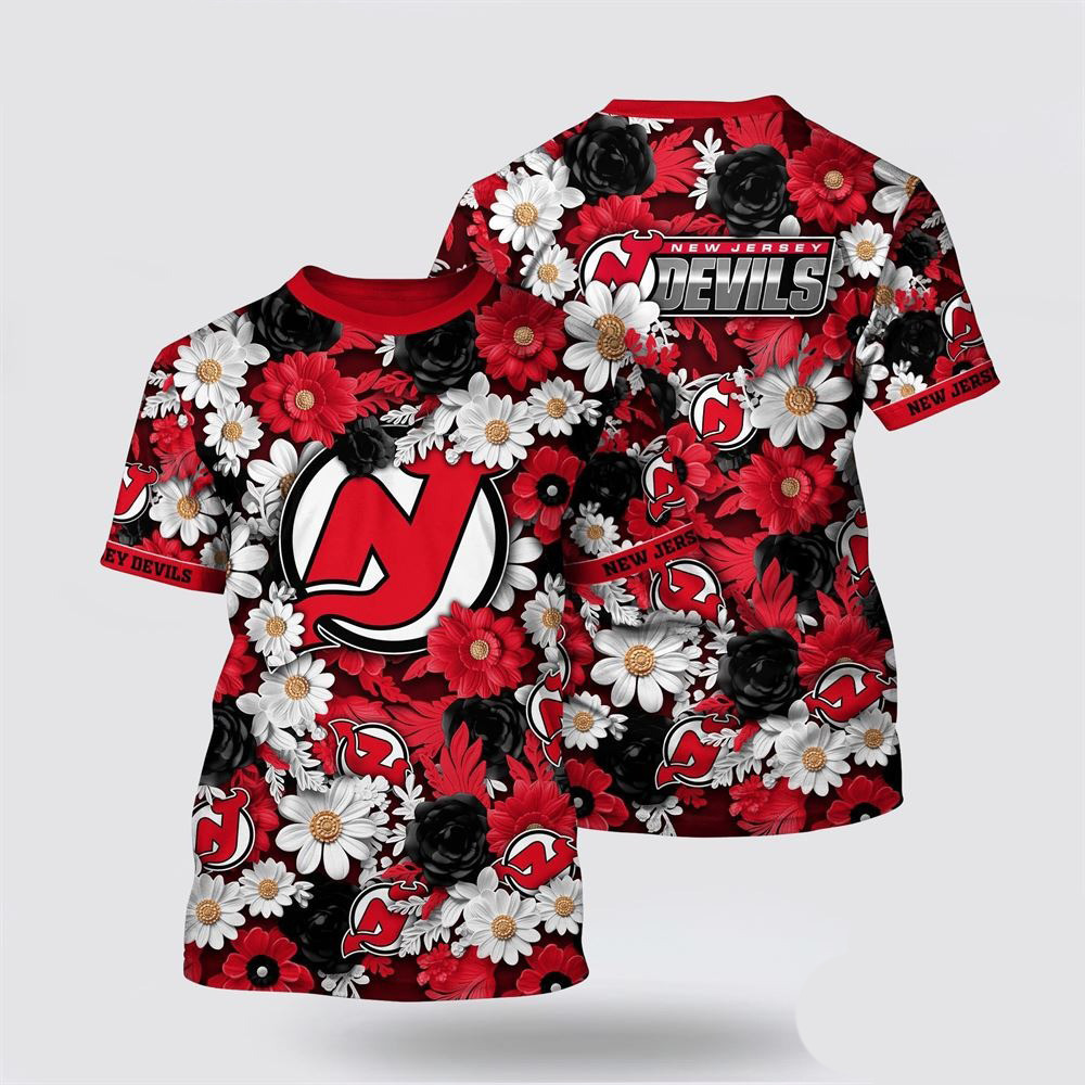 NHL New Jersey Tropical Begonia Flower Pattern Summer T-Shirt Good Gifts For Hockey Fans Oregontrailrvpk Shirt
