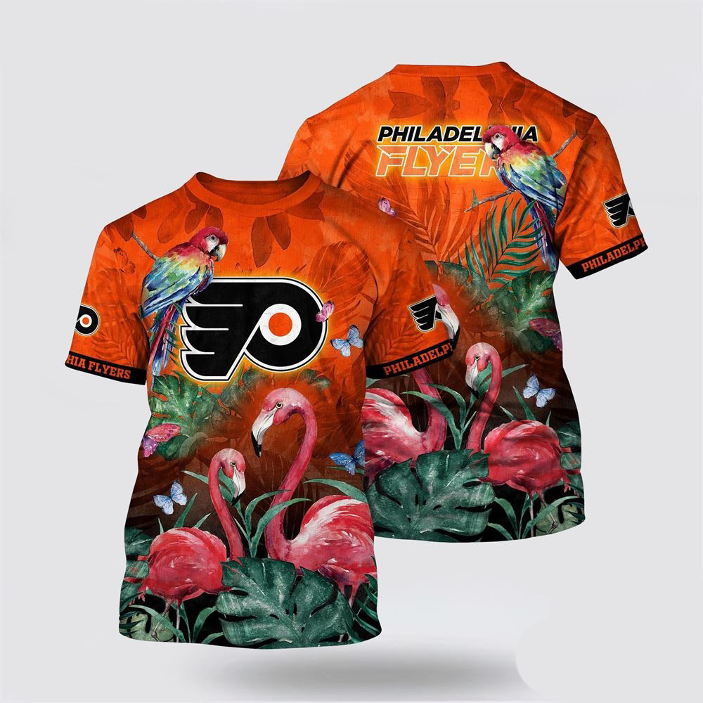 NHL Philadelphia Flyers Tropical Parrot And Flamingo Motifs Summer T-Shirt NHL Oregontrailrvpk Shirt