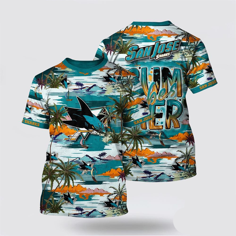 NHL San Jose Sharks Tropical Desert Island Motif Summer T-Shirt Unique Gifts For Hockey Lovers Oregontrailrvpk Shirt