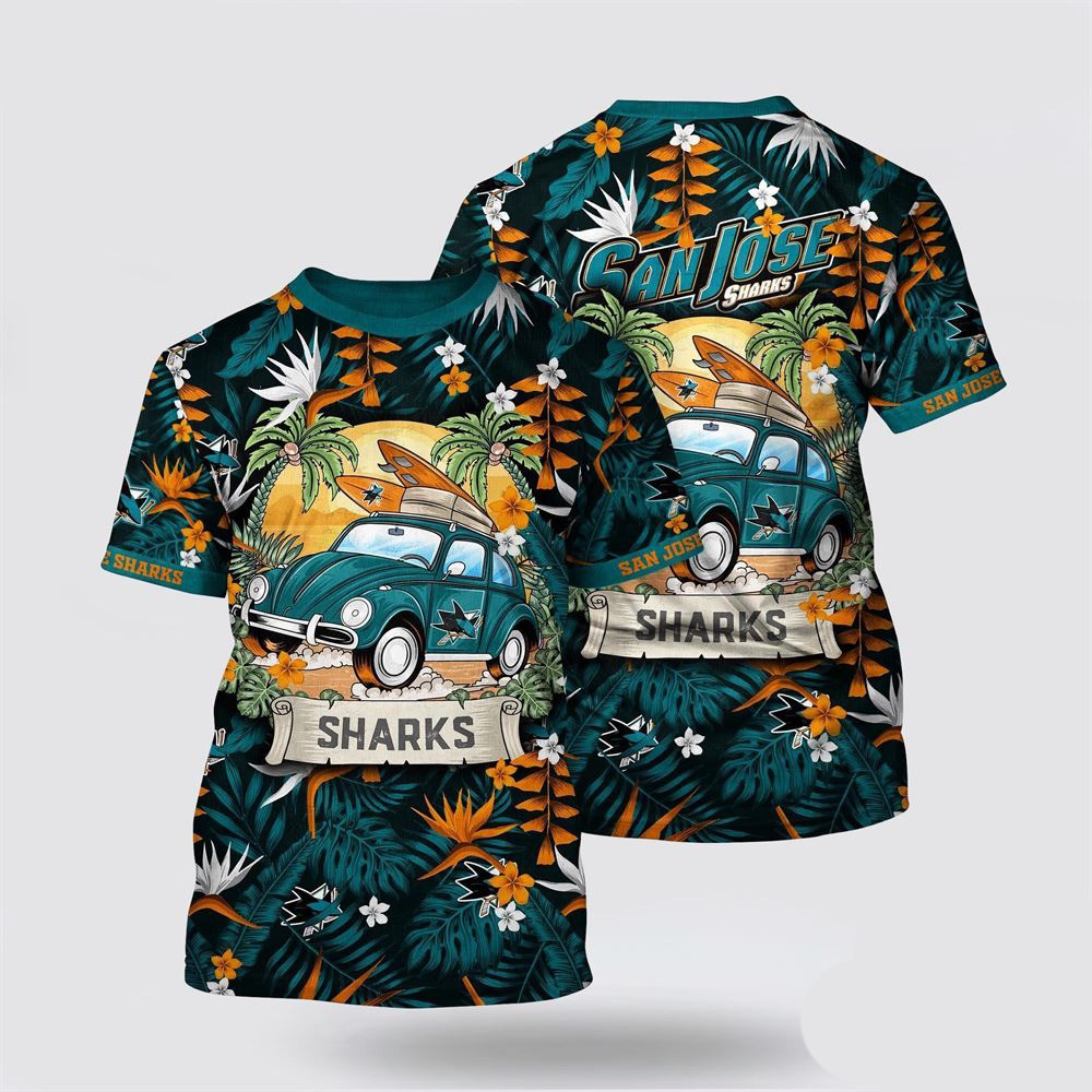 NHL San Jose Sharks Tropical Forest Motif Car Traveling Summer T-Shirt NHL Oregontrailrvpk Shirt