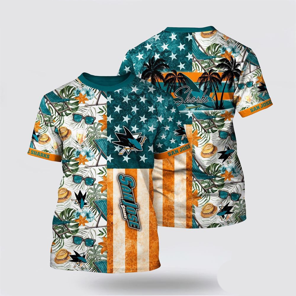 NHL San Jose Sharks Tropical Hat And Glasses Pattern Summer T-Shirt Good Gifts For Hockey Fans Oregontrailrvpk Shirt