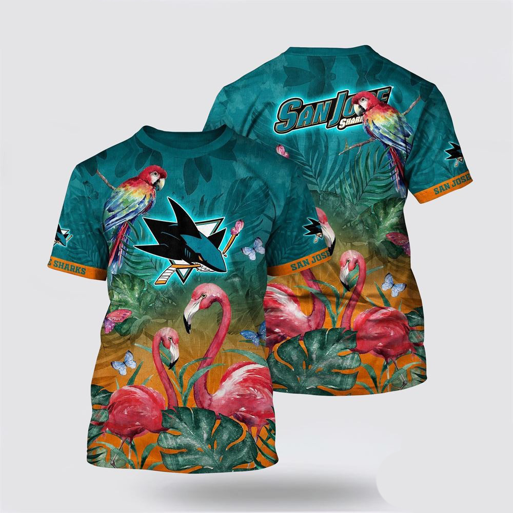 NHL San Jose Sharks Tropical Parrot And Flamingo Motifs Summer T-Shirt For NHL Fans Oregontrailrvpk Shirt