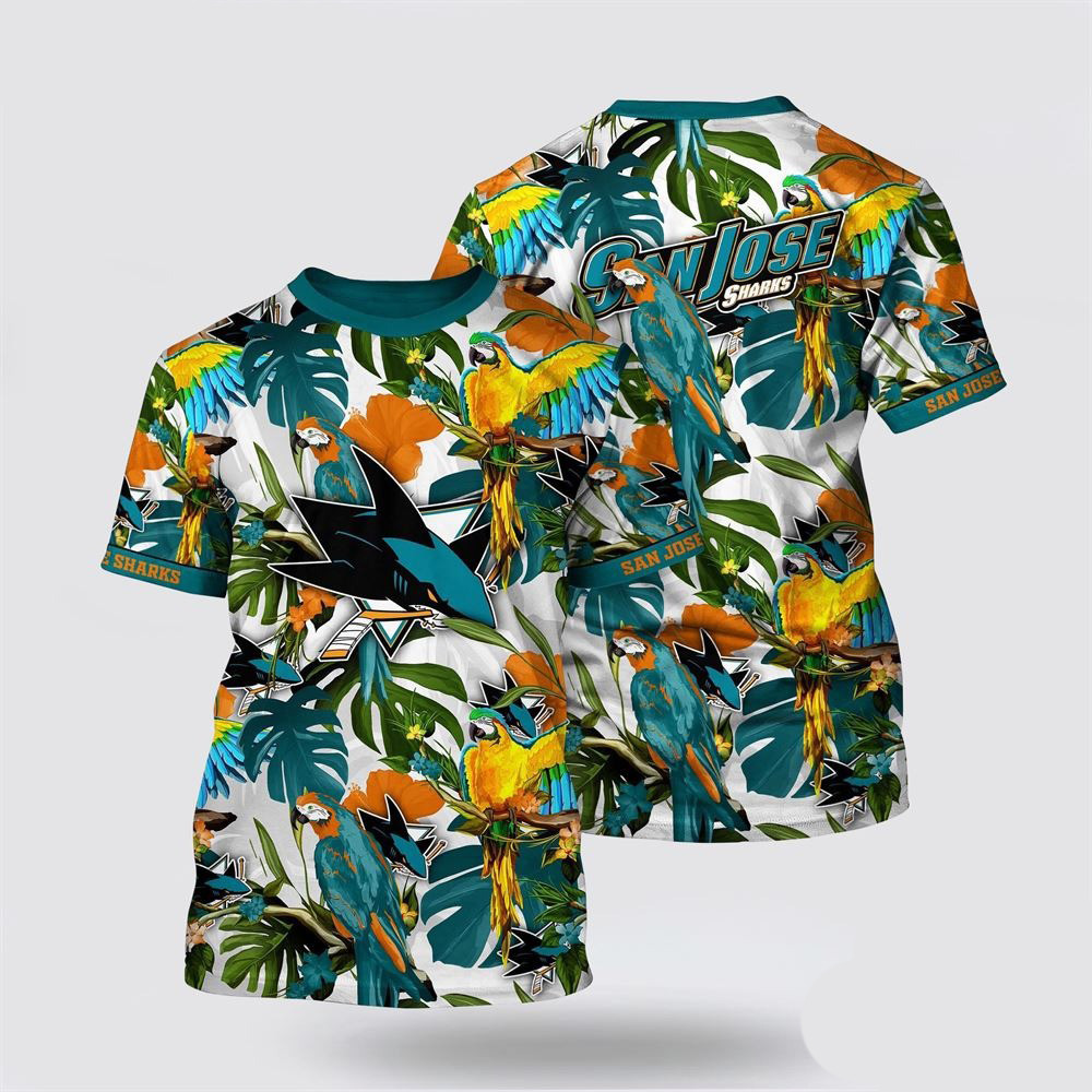 NHL San Jose Sharks Tropical Parrot Pattern Summer T-Shirt Cool Gifts For Hockey Fans Oregontrailrvpk Shirt