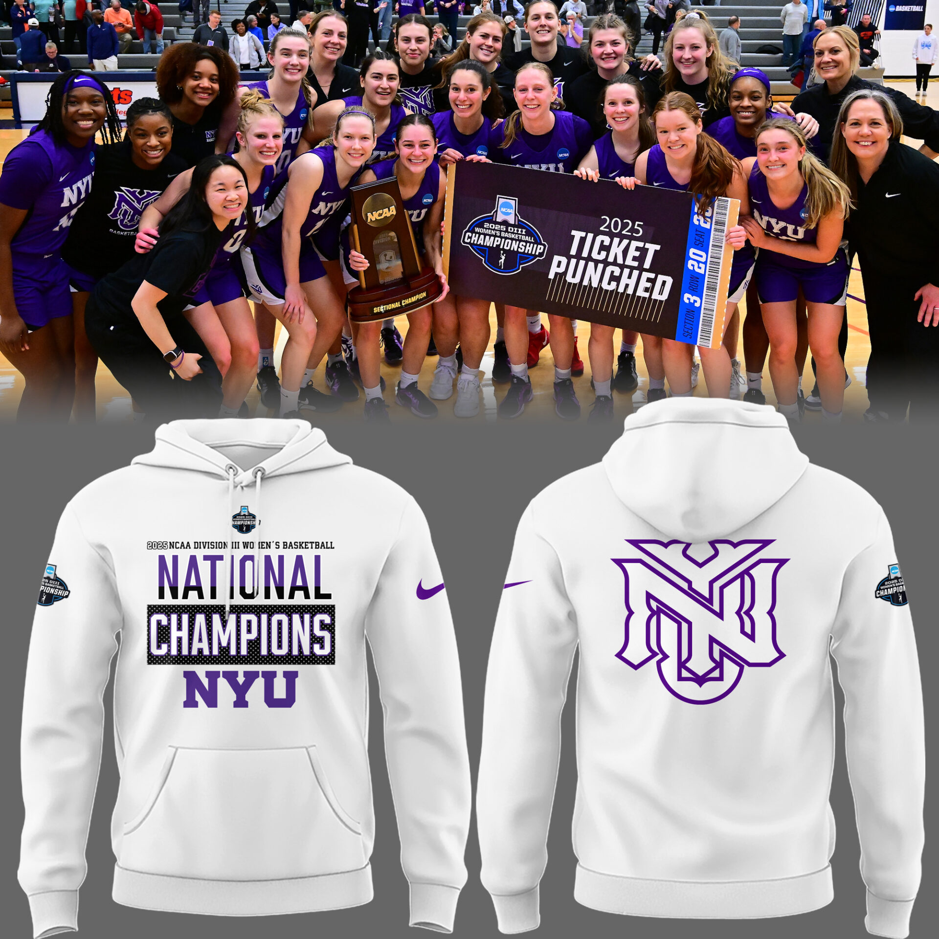 NYU Violets Basketball Division III National Champions 2025 White Hoodie Cool Gifts For Basketball Players