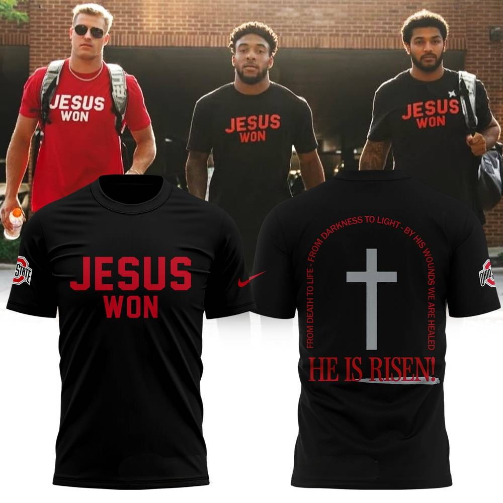 Ohio State Buckeyes JESUS WON 2025 T-shirt Unique Gifts For Football Lovers Oregontrailrvpk Shirt