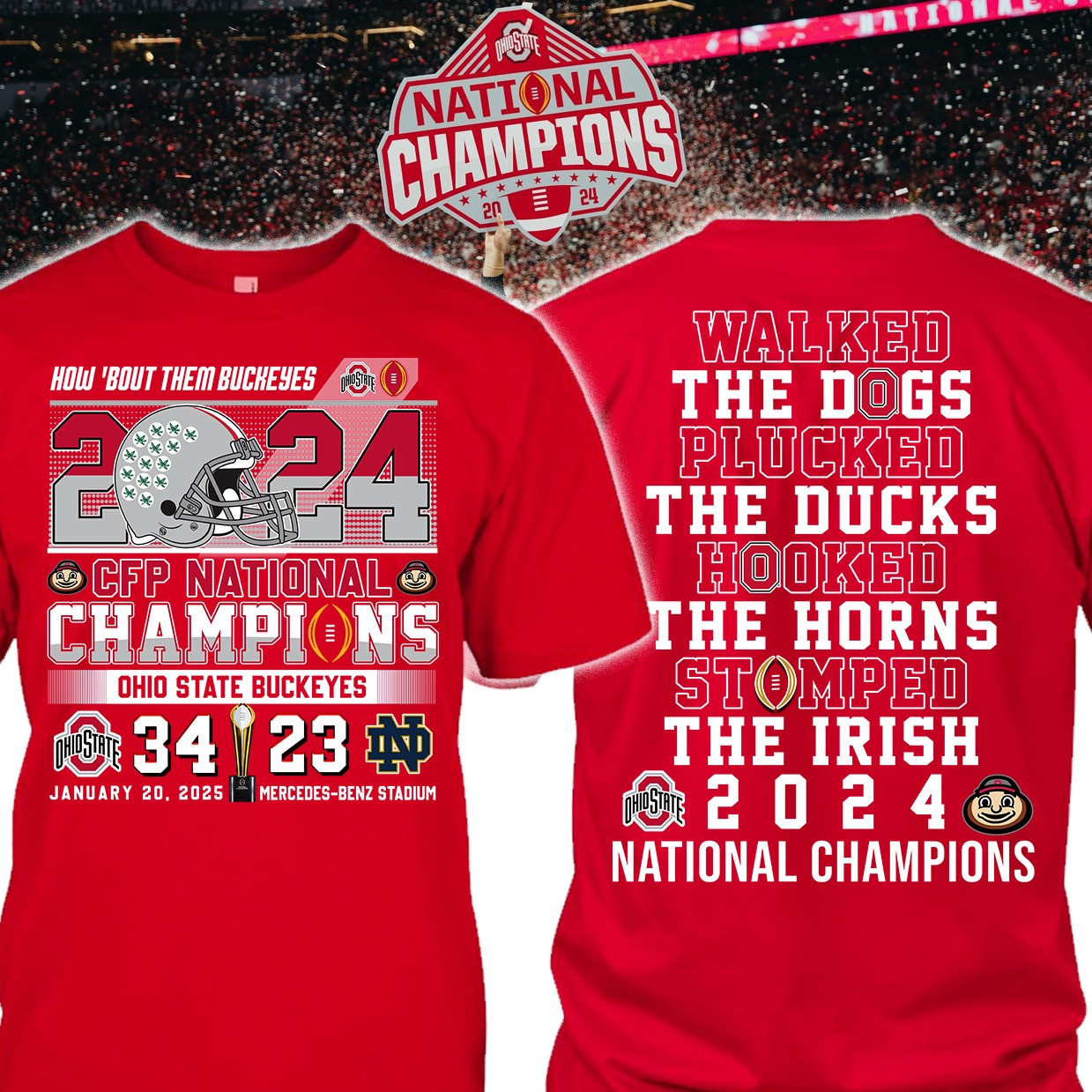 Ohio State Buckeyes National Champions 2025 Shirt Walked The Dogs Plucked The Ducks Oregontrailrvpk Shirt