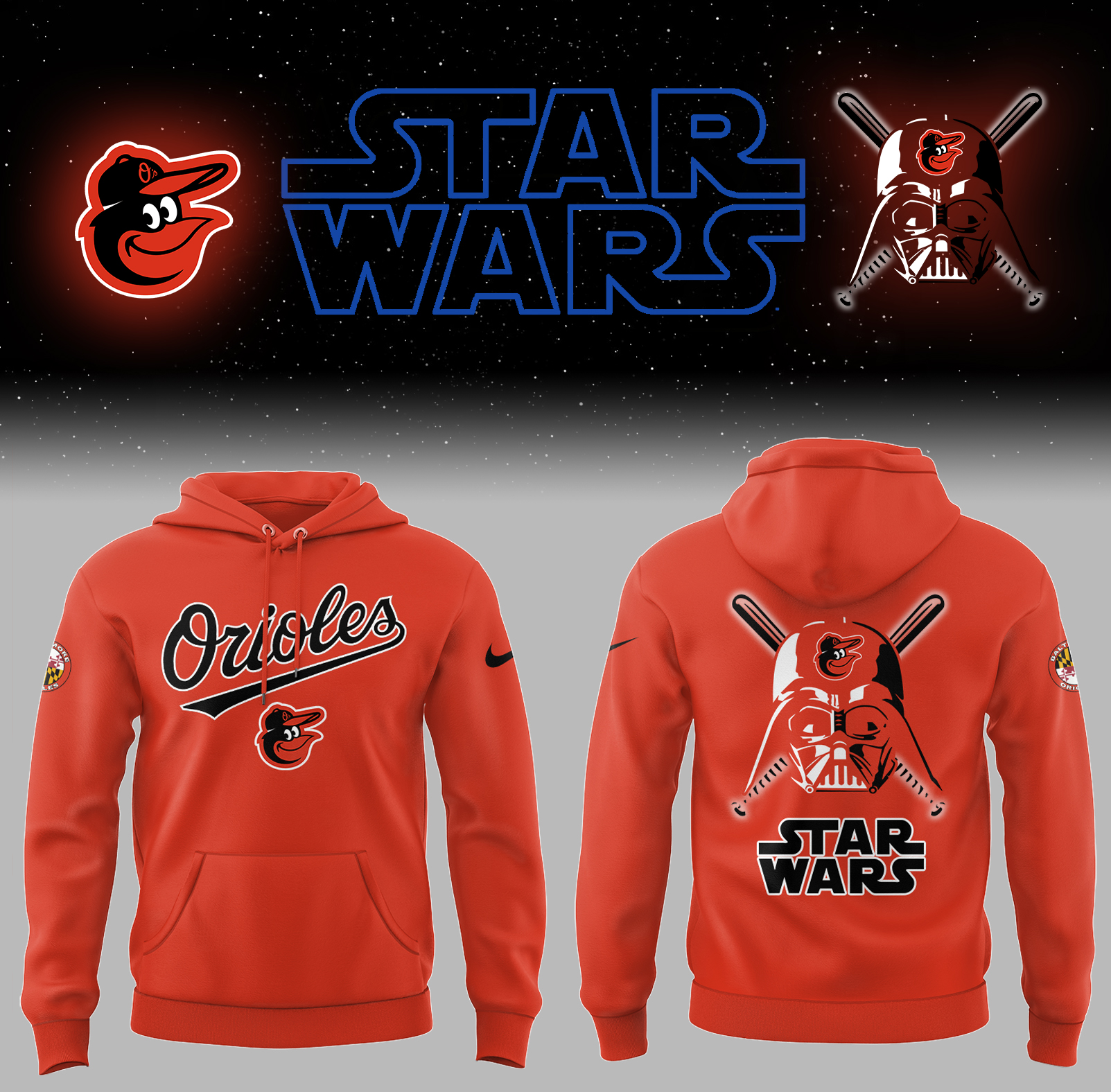 Orioles Baseball 2025 Orioles x Star Wars Orange Hoodie Baseball