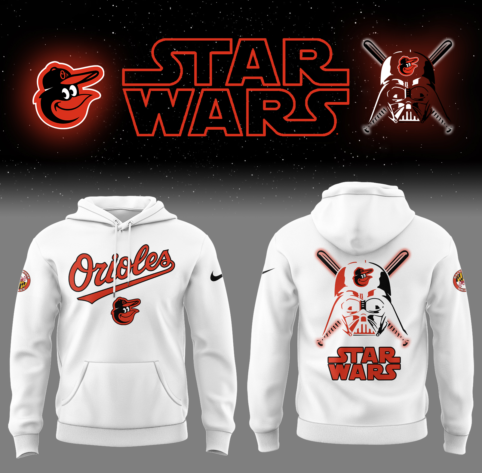 Orioles Baseball 2025 Orioles x Star Wars White Hoodie Baseball Coach Gift Ideas