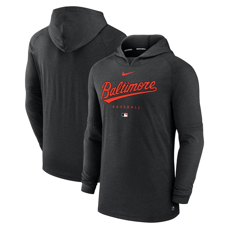 Orioles Heather Black Collection Early Work Tri-Blend Performance Pullover Hoodie Baseball Mom Gifts