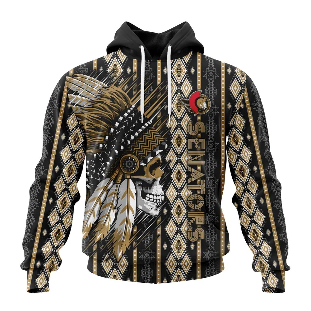 Ottawa Senators Special Skull Native Design All Over Print Hoodie Style 91984