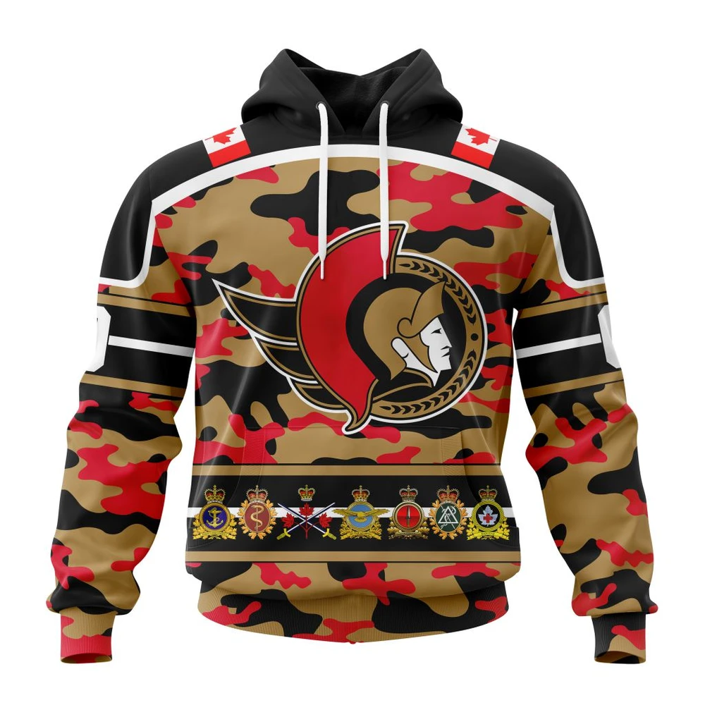 Ottawa Senators Specialized Design Wih Camo Team Color And Military Force Logo All Over Print Hoodie Style 67571