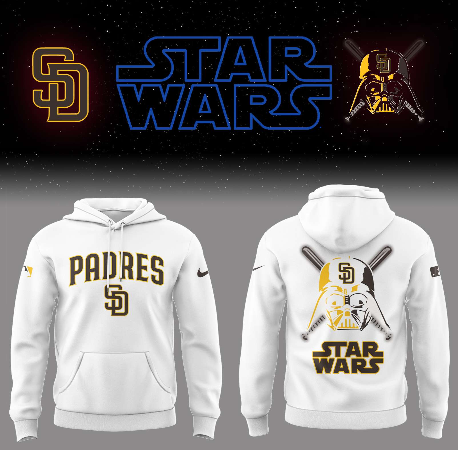 Padres Baseball 2025 Padres x Star Wars White Hoodie Gift Ideas For Baseball Players
