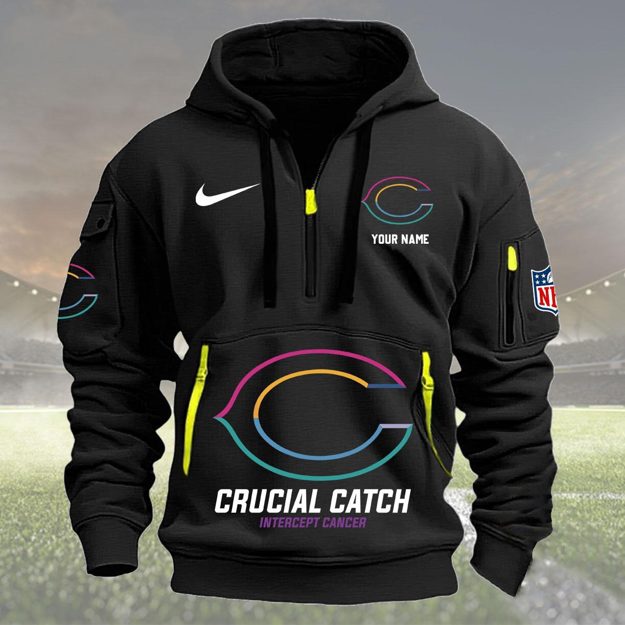 Personalized NFL Chicago Bears 2024 Quarter Half Zip Hoodie Crucial Catch Intercept Cancer