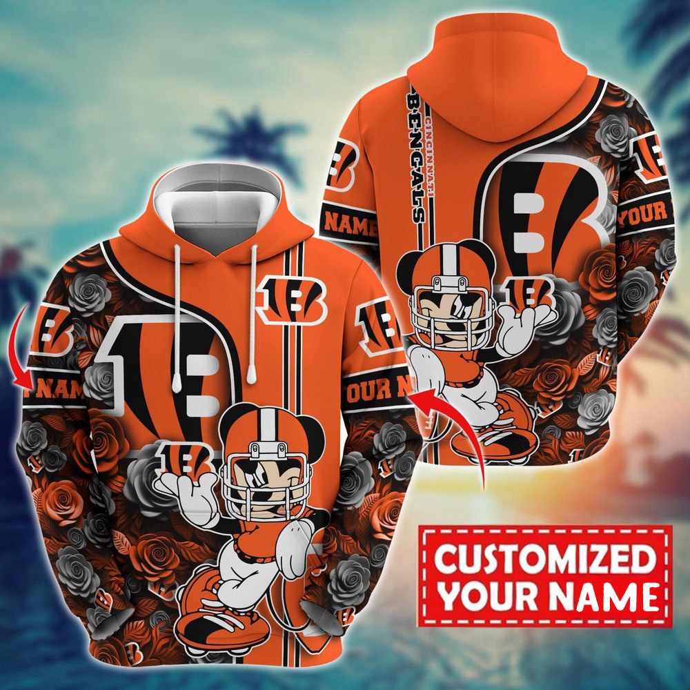 Personalized NFL Cincinnati Bengals Mickey Mouse Flower 3D Print Hoodie Football Gifts