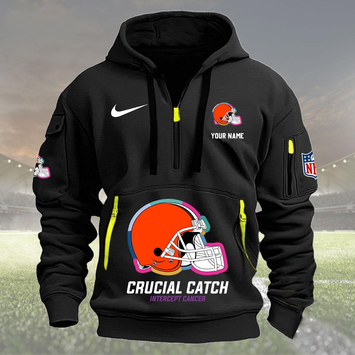 Personalized NFL Cleveland Browns Quarter Half Zip Hoodie Crucial Catch Intercept Cancer