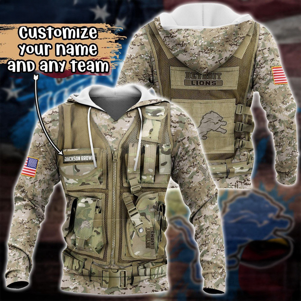 Personalized NFL Detroit Lions Camo Military Hoodie Football