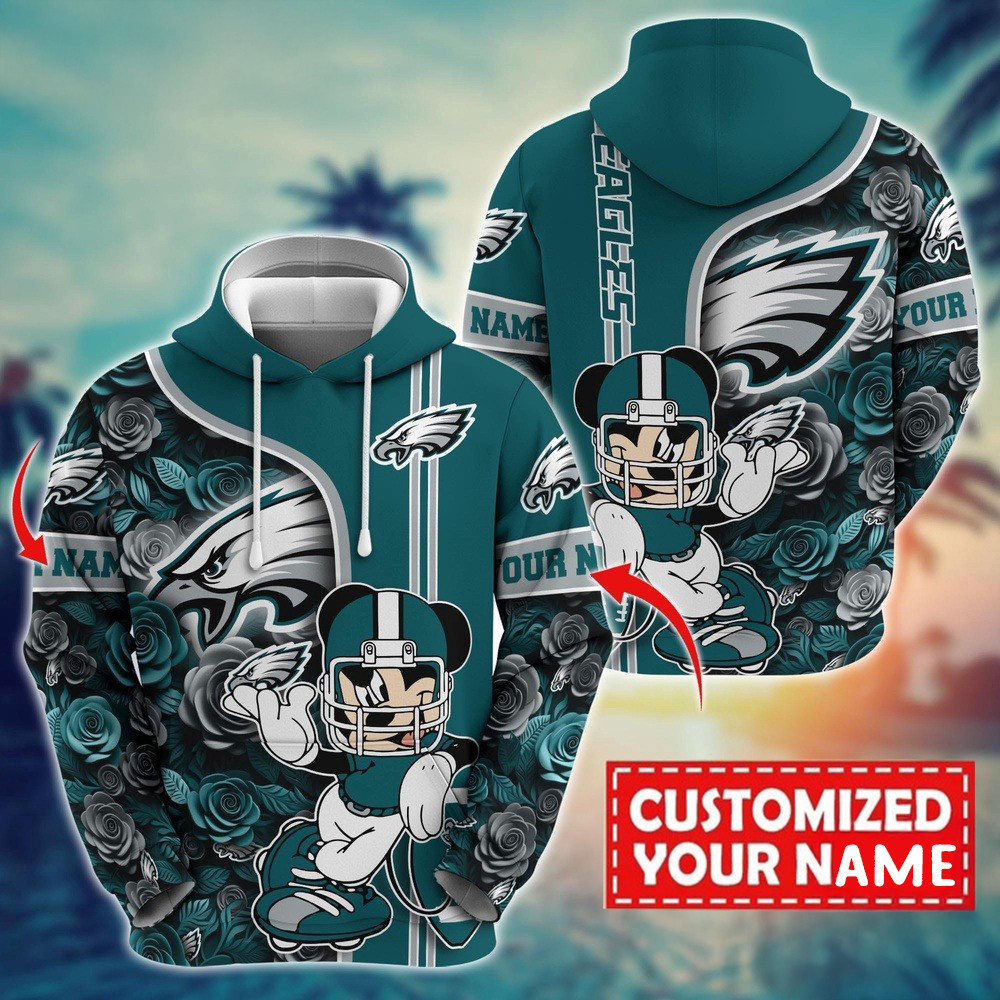 Personalized NFL Philadelphia Eagles Mickey Mouse Flower 3D Hoodie Football Related Gifts