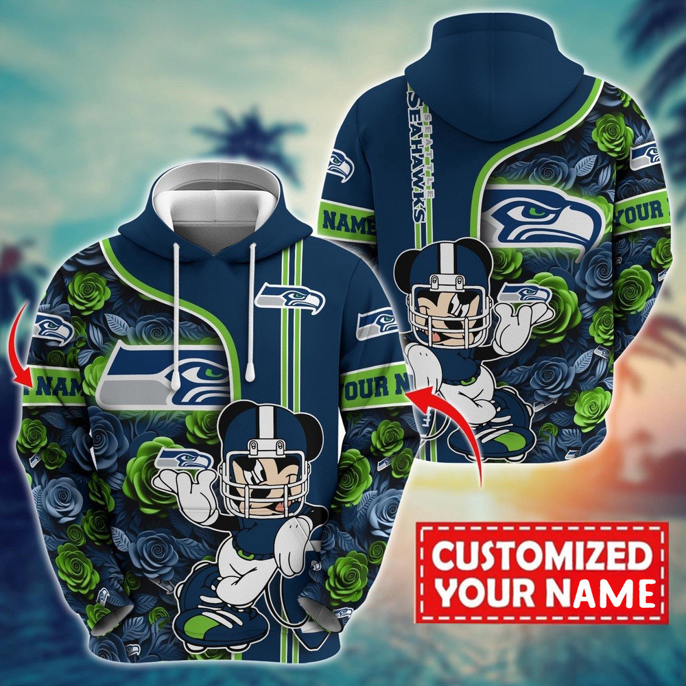 Personalized NFL Seattle Seahawks Mickey Mouse Flower 3D Hoodie Football