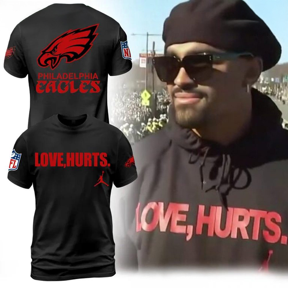 Philadelphia Eagles NFL x Love Hurts 2025 Champions Black T-Shirt For Football Lovers Oregontrailrvpk Shirt