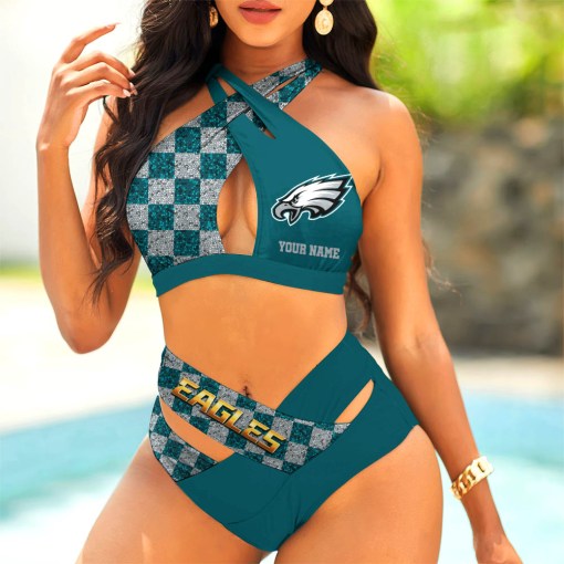 Philadelphia Eagles Womens 2Pcs Bikini Swimsuit Criss Cross Cutout Bathing Suit St5385