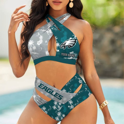 Philadelphia Eagles Womens 2Pcs Bikini Swimsuit Criss Cross Cutout Bathing Suit St7930