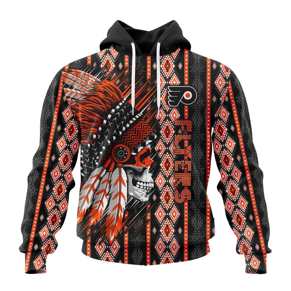 Philadelphia Flyers Special Skull Native Design All Over Print Hoodie Style 64146