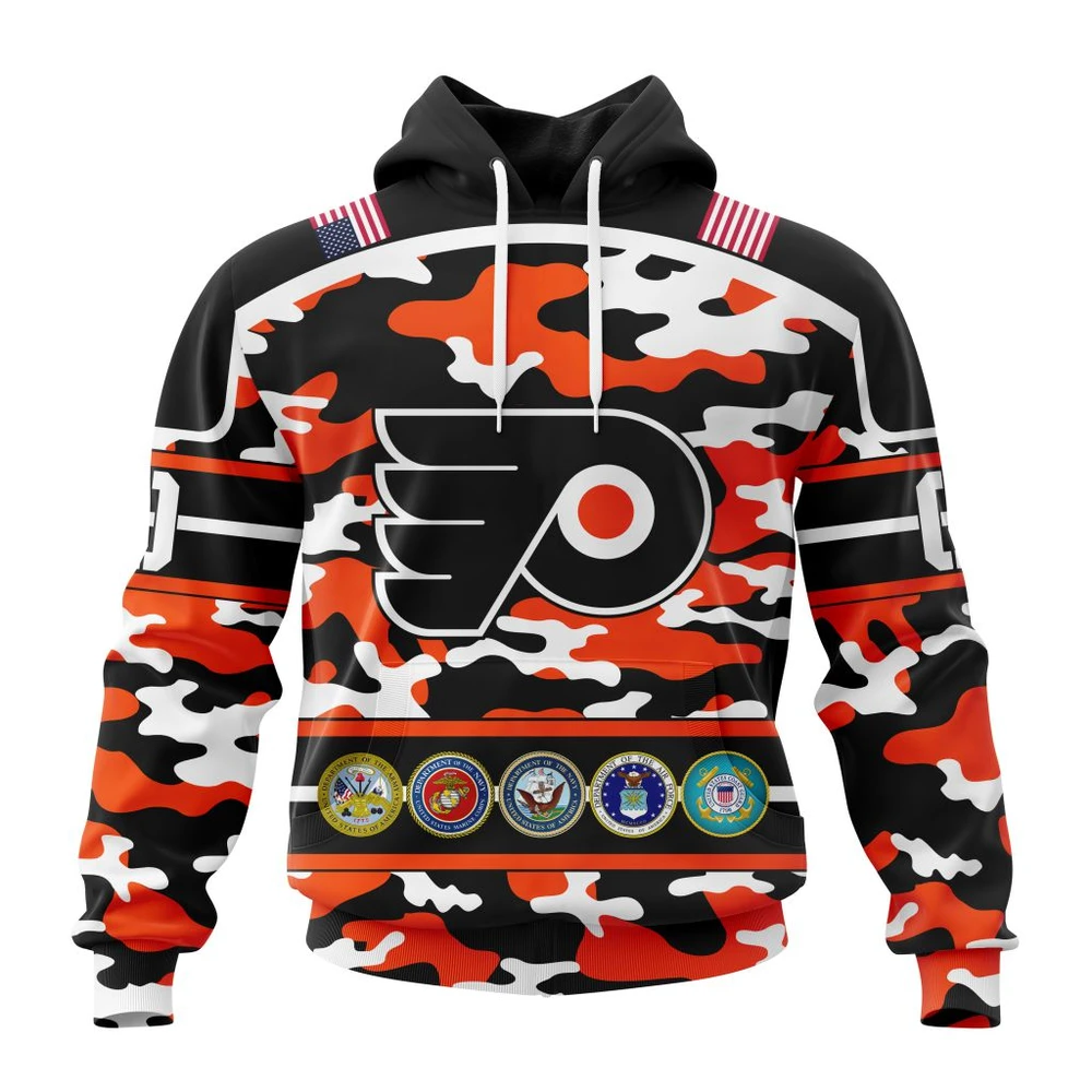 Philadelphia Flyers Specialized Design Wih Camo Team Color And Military Force Logo All Over Print Hoodie Style 41784