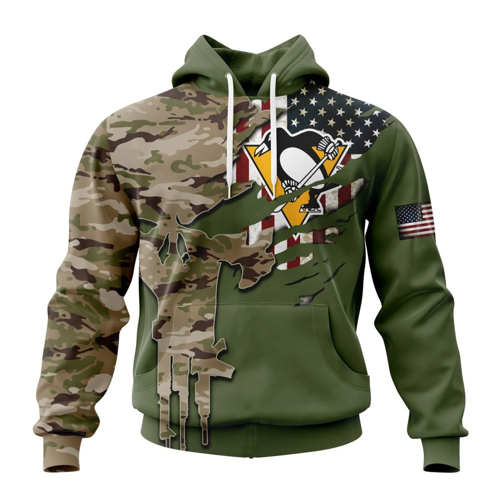 Pittsburgh Penguins Special Camo Skull Design All Over Print Hoodie Style 66279