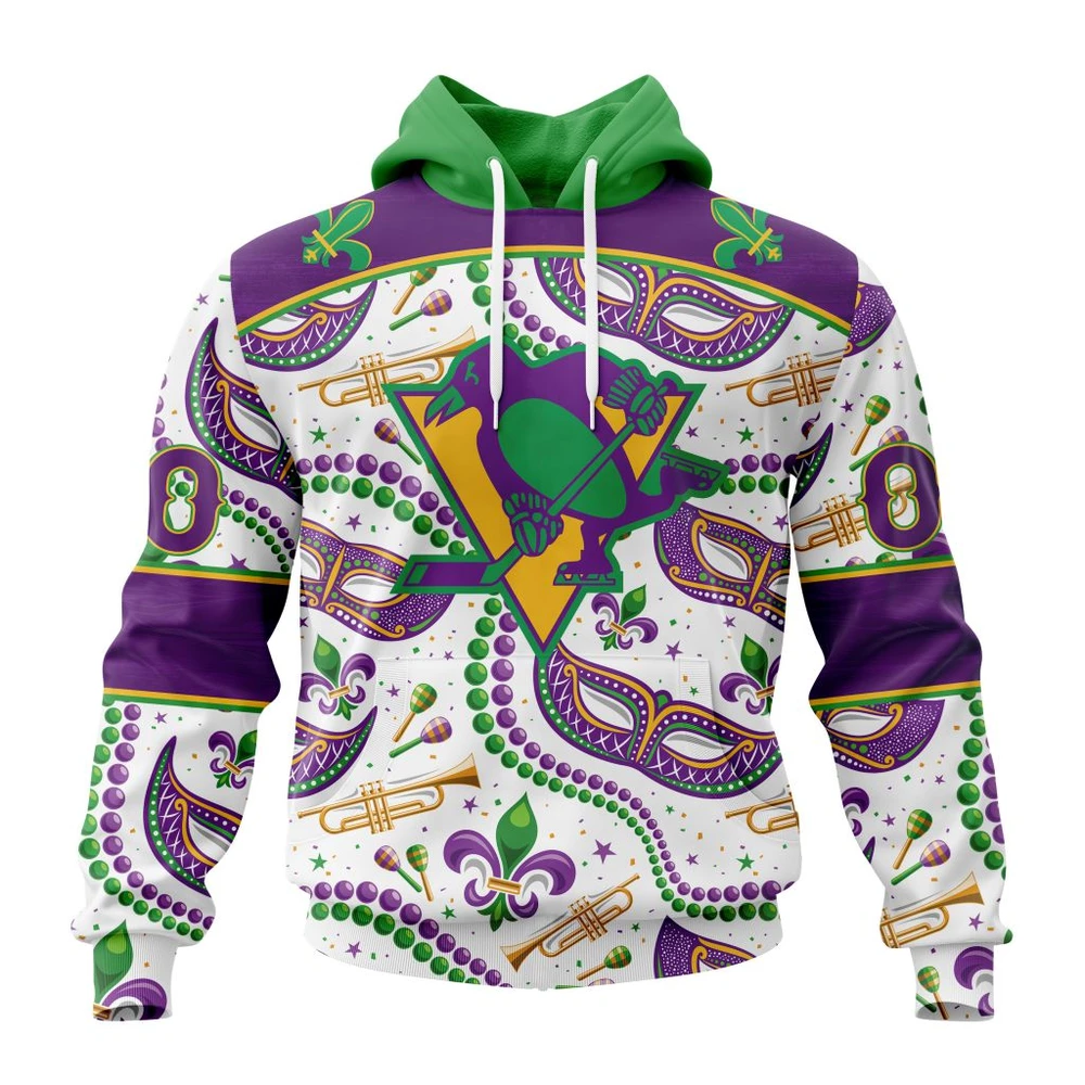 Pittsburgh Penguins Special Mardi Gras Design All Over Print Hoodie Style 36590