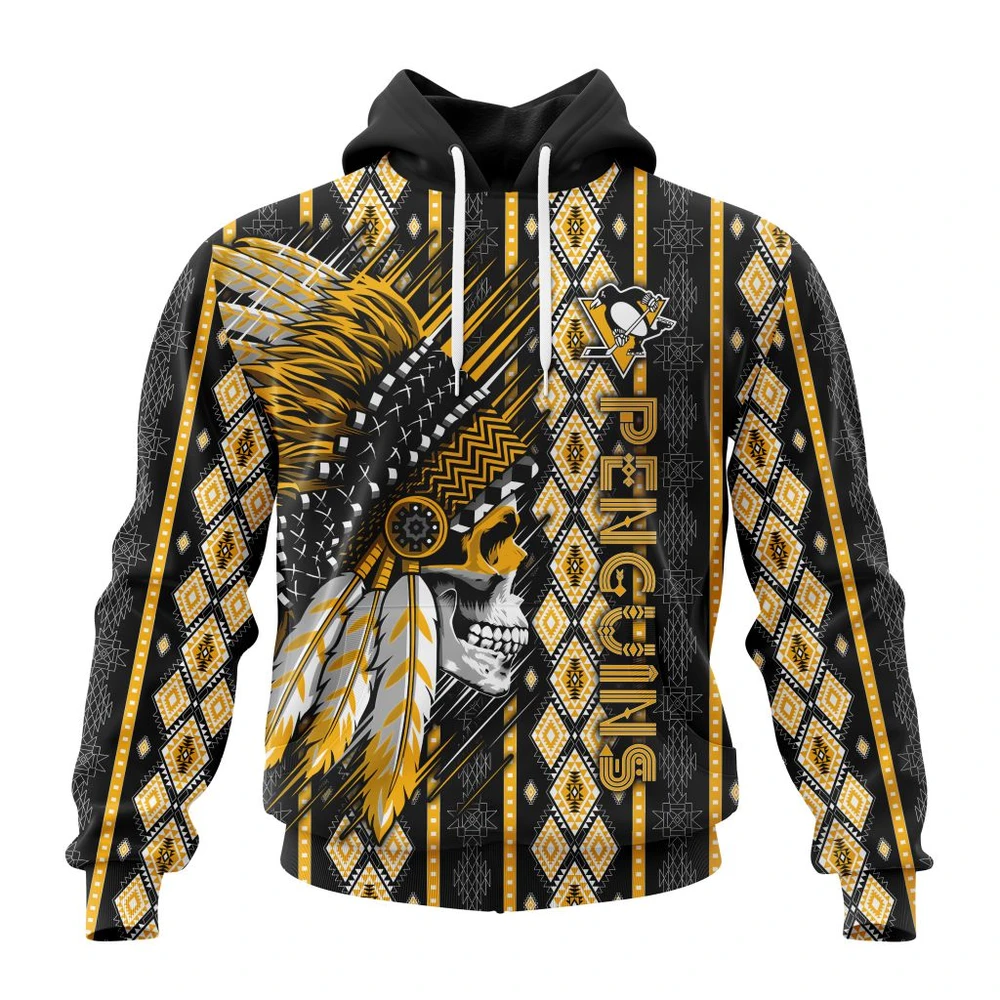 Pittsburgh Penguins Special Skull Native Design All Over Print Hoodie Style 39515