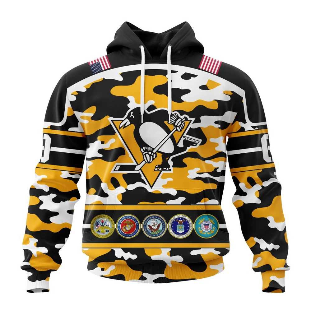 Pittsburgh Penguins Specialized Design Wih Camo Team Color And Military Force Logo All Over Print Hoodie Style 69508